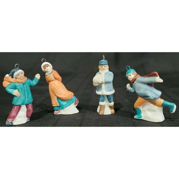 KIDS PLAYING SKATING SNOWBALL WINTER Christmas Village Kmart 4 FIGURES ORNAMENTS - Picture 2 of 4